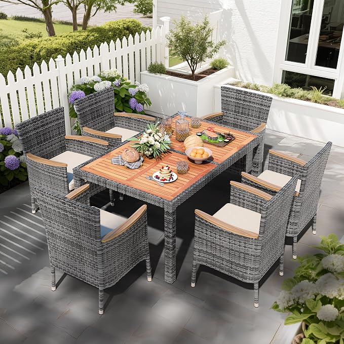 Shintenchi 7 PCS Patio Dining Set, Wicker Patio Conversation Set with Wooden Table Top, Outdoor Table and Chairs with Soft Cushions for Backyard, Deck and Garden, Grey Rattan