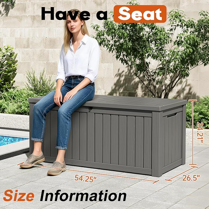 Outdoor Storage Box, Resin Deck Boxes Indoor and outdoor, Waterproof Storage Box Lockable Lid (Grey,150 Gallon)