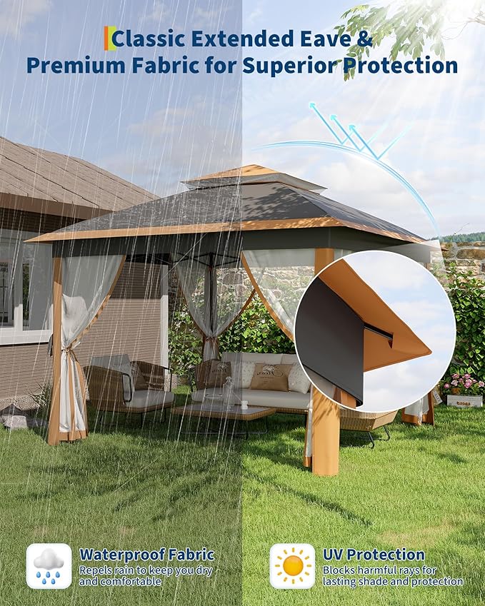 Garvee 11x11FT Pop Up Gazebo with Mosquito Netting, Outdoor Canopy Tent Easy Setup for Backyard Patio Garden Deck, Khaki