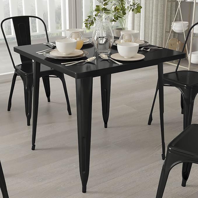 Merrick Lane Nash Indoor-Outdoor Dining Table Only- Black Powder Coated Finish - 31.5" Square Top - 27.25" Wide Base - Bracing for Added Stability