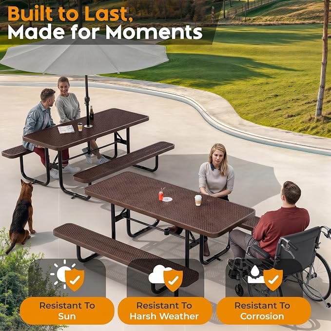 Commercial Heavy-Duty Metal Picnic Table - ADA Compliant, Adjustable Seats, Umbrella Hole, Expanded Metal (Brown, 6' Rectangular)