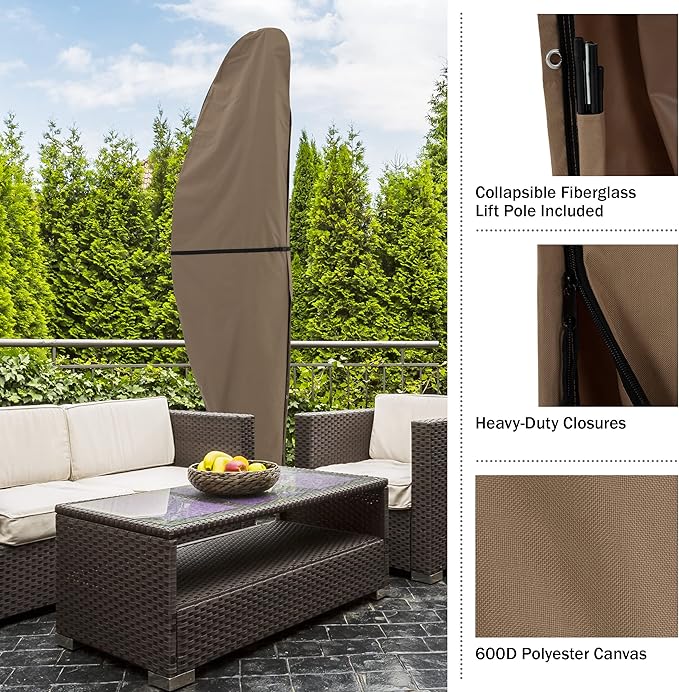 Pure Garden Offset Outdoor Umbrella Cover - Heavy-Duty Waterproof Protection for Banana Frame Umbrellas Up to 11.5 Ft Round or 7.5 Ft Square (Tan)