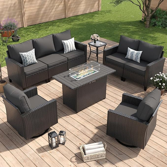 Amopatio Patio Furniture Set, 6-Piece Wicker Outdoor Sectional Sofa with Swivel Rocker Chairs, Rattan Conversation Set with Fire Pit Table and Waterproof Cover for Backyard Black/Dark Grey