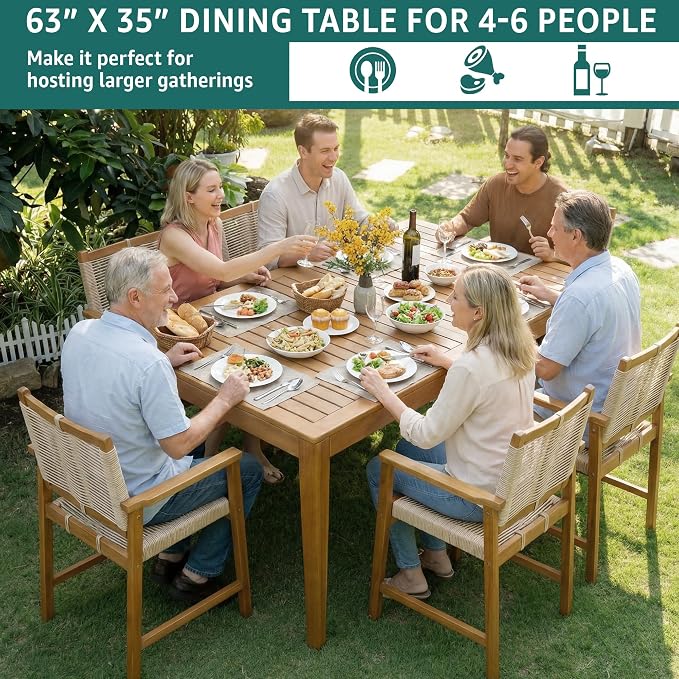 Acacia 63" L Classic Rectangular Outdoor Dining Table, Up to 6 Seats, Solid Eucalyptus Grandis Wood | Waterproof & UV Resistant, Low Maintenance & Easy Assembly Tables for Garden, Patio | Natural