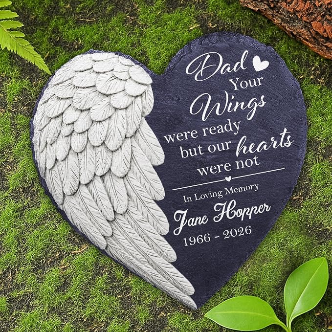 Custom Memorial Garden Stone for Loss of Loved One, Angel Wing Garden Stones in Memory of Dad Mom, Sympathy Gift Fathers Day, Weatherproof Outdoor Memorial Plaque Stones, Remembrance Natural Stone