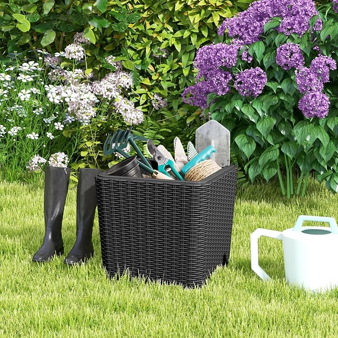 Giantex 11.5 Gallon Deck Box, Outdoor Side Table with Removable Lid, Faux Wicker-Woven, 330Lbs Capacity, Outside Waterproof Storage Box, Resin Rattan Small Coffee Table for Patio Poolside (Black)