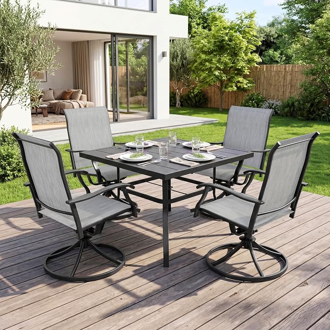 NUU GARDEN 5-Piece Patio Dining Set, Outdoor Dining Set, Slatted Patio Table with Umbrella Hole, Textilene Swivel Chairs with High Backrest, Outdoor Table and Chairs, Black and Light Gray