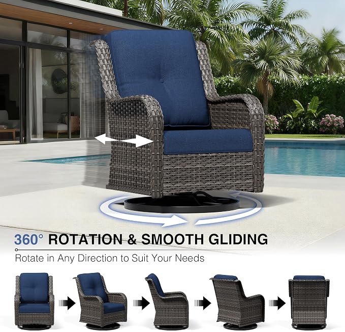 Joyside 5 Piece Wicker Patio Furniture Set, Outdoor Swivel Rocker Patio Chairs with High Back, Deep Seating, Wide Armrest, Thickened Cushions, Outdoor Furniture for Deck, Porch Use
