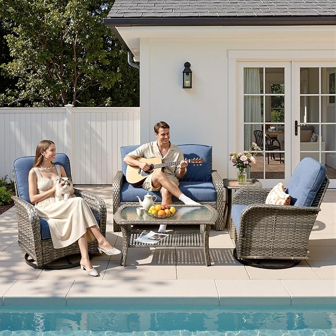 5-Piece Patio Furniture Set, Outdoor Wicker Furniture with Coffee Table, High Back Swivel Rocker Patio Chairs, Modern Rattan Outdoor Chairs Conversation Set for Porch, Balcony, Garden, Denim Blue