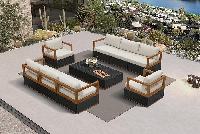 PURPLE LEAF Patio Outdoor Furniture Set 10 Pieces, Premium Leather Outdoor Couch Sectional Sofa, Patio Couch with Olefin Cushions, Patio Conversation Sets for Porch, Balcony, Garden, Black