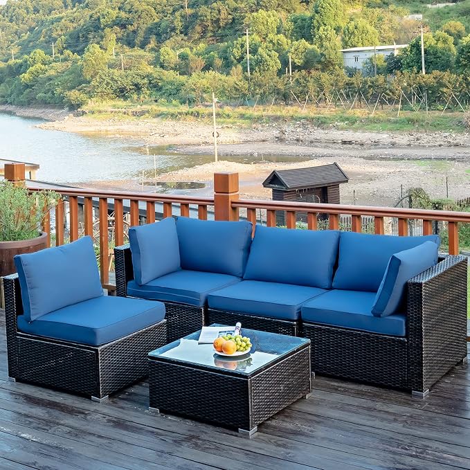 COSTWAY 5-Piece Outdoor Patio Furniture Set, PE Rattan Sofa Chairs with Cushions and Tempered Glass Coffee Table, Conversation Sofa Set for Backyard Garden (Navy)