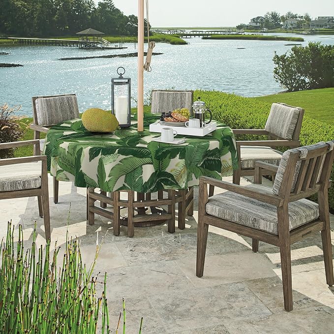 DYTXIII Outdoor Round Tablecloth with Umbrella Hole 60 Inch, Water Repellent & Fade Resistant Table Cover, All Weather Outdoor Tablecloth for Garden & Party Table, Palms Green