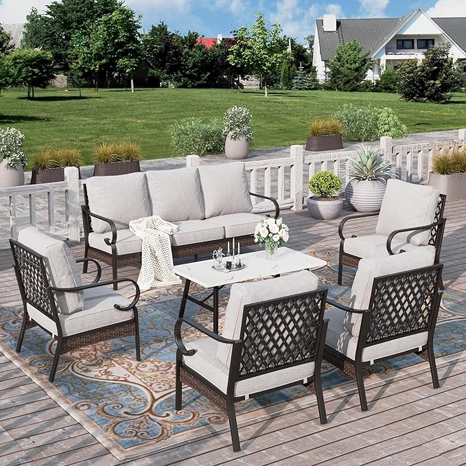 HERA'S HOUSE 6 Piece Metal Patio Furniture Set, All Weather Outdoor Conversation Set with 3-Seat Sofa, 4 Fixed Chairs & Coffee Table, 7 Seats for Backyard, Garden, Deck, Light Grey