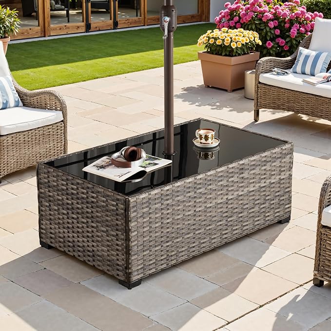 HOOOWOOO Outdoor Patio Coffee Table with Umbrella Hole, All-Weather Handwoven PE Wicker Rattan Rectangle Bistro Side End Table with Storage Shelf