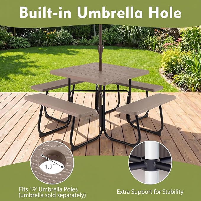 GYMAX Picnic Table Bench with Umbrella Hole, 8 Person Square Outdoor Picnic Table with Metal Frame & HDPE Tabletop, Camping Table for BBQ Yard Patio, 2300LBS Capacity (Coffee)