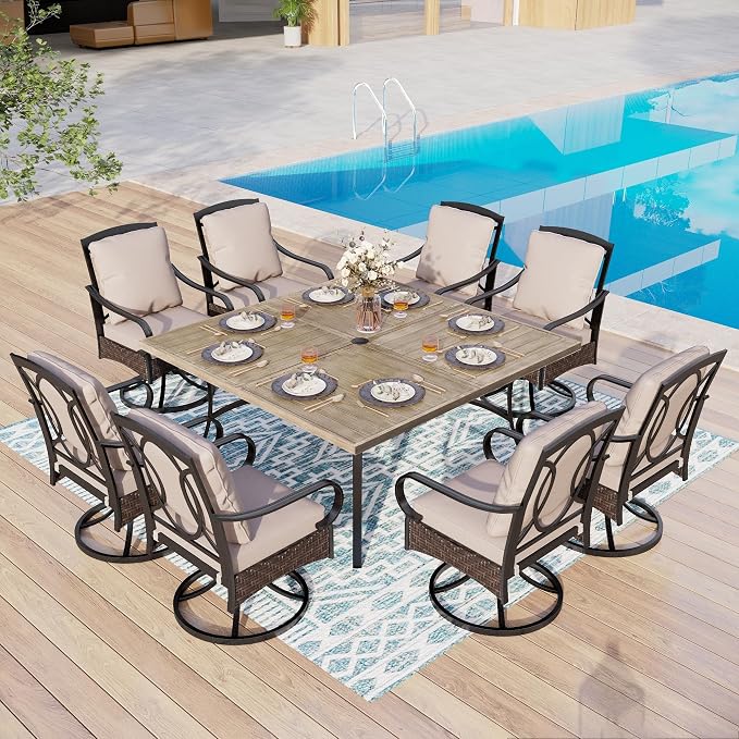 MFSTUDIO 57.5" Square Metal Outdoor Dining Table, Large Patio Furniture 8 Person Table with 1.57" Umbrella Hole for Deck,Backyard,Lawn,Garden(Brown)