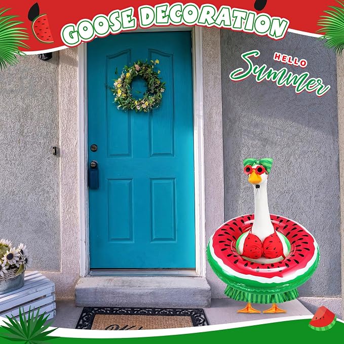 Bikini Porch Goose Outfits with Sunglasses and Swimming Tube for 23" Summer Goose Costume Garden Patio Statue Decor(Watermelon)