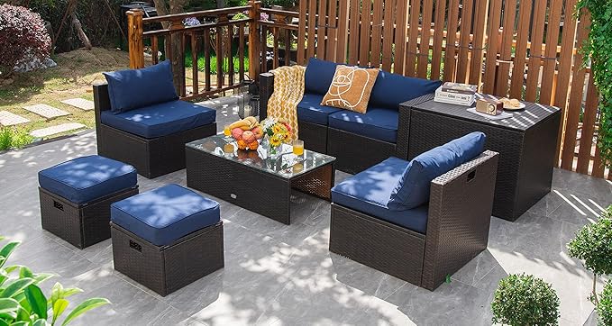 Tangkula 8 Piece Patio Furniture Set, Patiojoy Outdoor Space Saving PE Rattan Sectional Sofa Set for 6 with Waterproof Cover, for Garden, Deck, Poolside and Balcony (Navy)