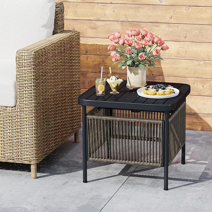 Tangkula Outdoor PE Rattan Side Table with 1.57” Umbrella Hole, Square Patio End Table with Metal Frame, Small Bistro Coffee Table for Porch, Balcony, Garden and Backyard (1)