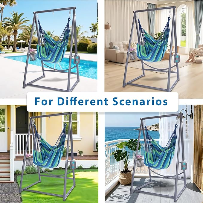 Hammock Chair with Stand Hanging Rope Swing Chair, Heavy-Duty Steel Max 350 LBS Capacity for Indoor Outdoor Patio Garden Balcony (Grey)