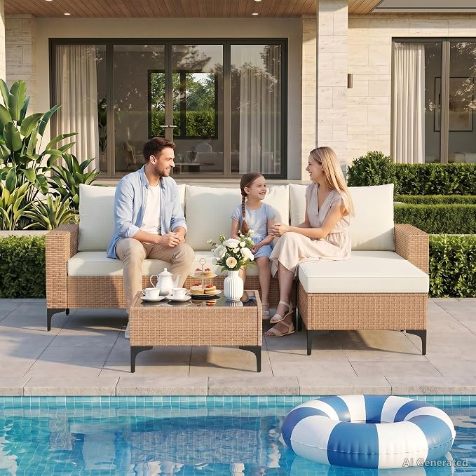 Vikiullf 5 Pieces Patio Furniture Set, Wicker Outdoor Conversation Set, Patio Sectional Sofa with 4" Thick Cushions, for Backyard, Poolside, Garden (Beige)