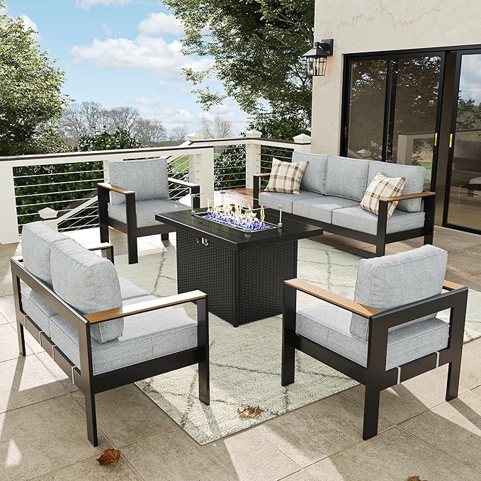 5 Pieces Aluminum Outdoor Patio Furniture Set with Fire Pit Table, Outside Metal Patio Conversation Sets with Deep Seating and Thick Cushions