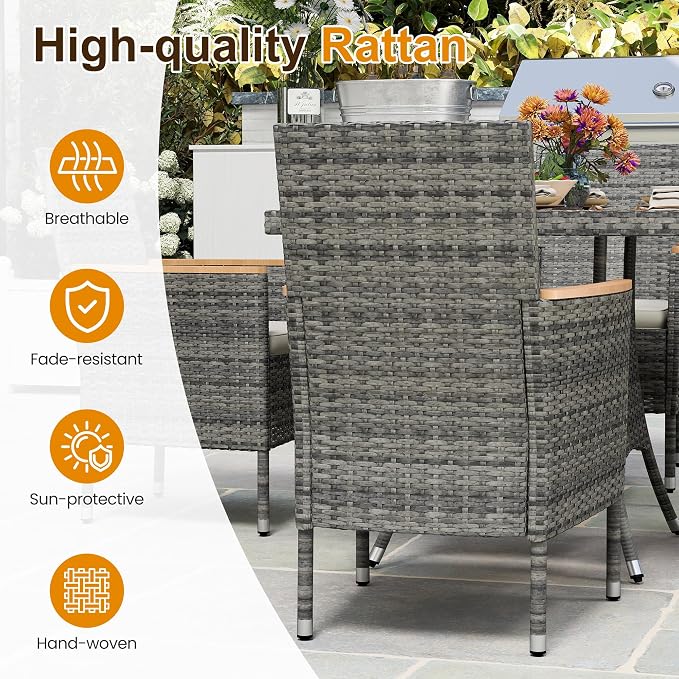 RoyalCraft 5-Piece Patio Wicker Dining Set for 4, Water-Resistant Rattan Outdoor Table with Wood Top and 4 Chairs, Conversation Set for Deck, Garden, Backyard, Removable Cushions, Grey