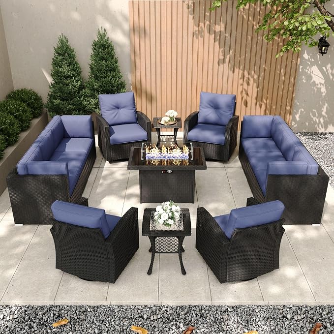 Patio Furniture Set with Fire Pit Table, 13 Pieces Outdoor All-Weather Wicker Conversation Sectional Chair Sofa Set with 4 Swivel Chairs
