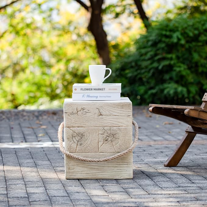 Outdoor Side Table, Small Patio End Table with Faux Wood Grain & Braided Rope Accent, MGO Weatherproof Indoor Outdoor Accent Table for Porch Balcony Garden, No Assembly, 14.8 Inch Square