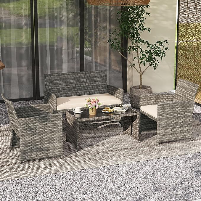 Tangkula 8 Piece Patio Wicker Furniture Set, Outdoor Heavy Duty Rattan Cushioned Chairs, Loveseat and Tempered Glass Coffee Table, for Backyard, Balcony, Poolside