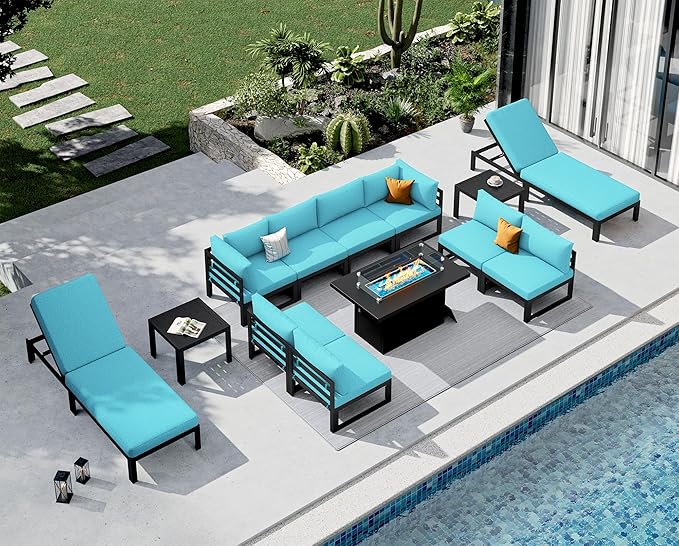 NICESOUL 13 Piece Large Modern Aluminum Patio Furniture Set, Rust Water Resistant Modular Outdoor Conversation Set with Chaise & Fire Pit Table, 500 lbs Durable Modular Sectional Sofa for Deck, Teal