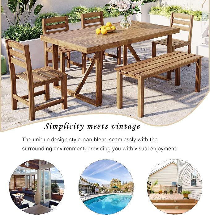 RUNNA Acacia Wood 6-Piece Outdoor Dining Set, Minimalist Patio Furniture with Dining Table,Bench and 4 Chairs for Garden, Balcony, Poolside (Natural Wood-A1)