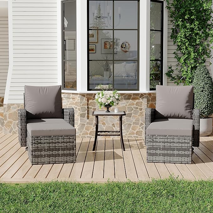 HOMREST 5 Piece Outdoor Patio Furniture Set-Wicker Swivel Chairs Set of 2 with 2 Ottoman, Coffee Table & Cushions Small Patio Furniture Set for Garden, Balcony (Grey)
