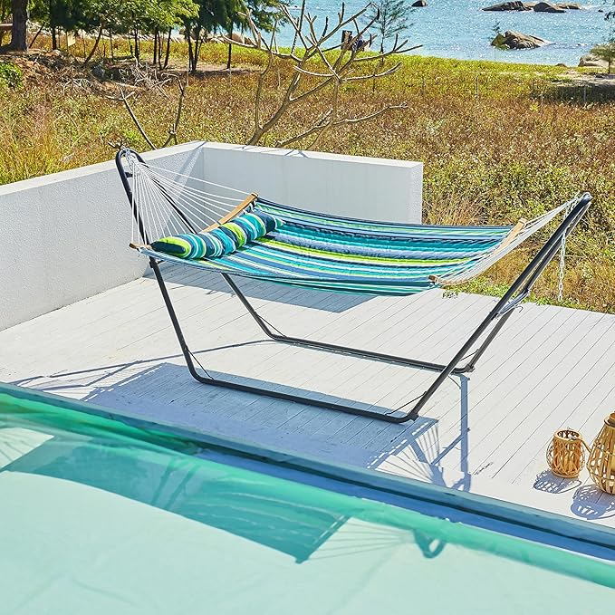 Yaheetech Hammock with Stand Set, Heavy-Duty Double-Pipe Steel Hammock with Frame & Removable Pillow for 2-3 People Outdoor, Porch, Patio, Deck and Backyard, Max.Weight Capacity 475LB - Green Stripe