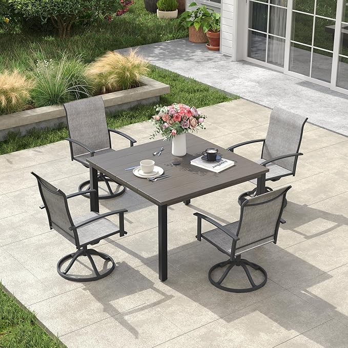 VICLLAX 5 Pieces Patio Dining Set, Patio Furniture Set of Metal Outdoor Table with Umbrella Hole and 4 Swivel Patio Chairs for Backyard Lawn, Grey & Antique Grey