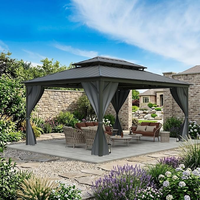 12' x 16' Hardtop Gazebo with Galvanized Steel Double Roof, Heavy Duty Outdoor Gazebo with Netting & Curtains for Patio, Backyard, Deck & Lawn
