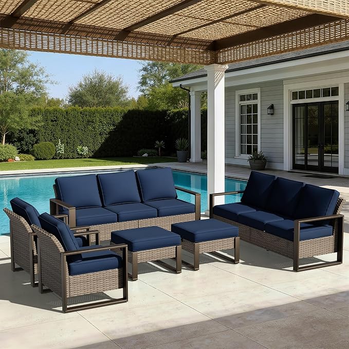 Joyside Outdoor Patio Chairs, 5 Pieces Wicker Rattan Furniture Set, 2 Patio Chairs, 2 Sofa and 2 Ottoman, Metal Wide Armrest, Thick Cushions and Deep Seating for Garden, Backyard, Porch, Deck