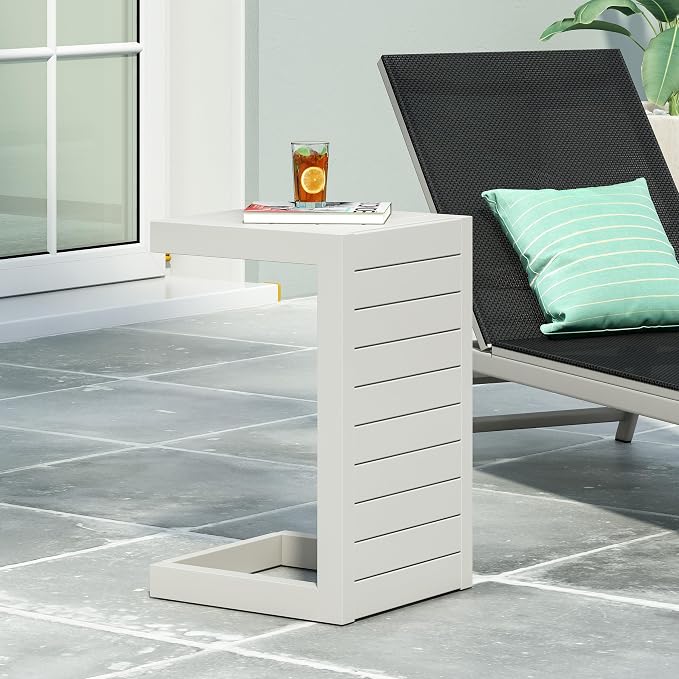 Cape Coral Alu C-Shaped Table White Outdoor Side Table 14.5" W x 15" D x 24" H Aluminum Frame White