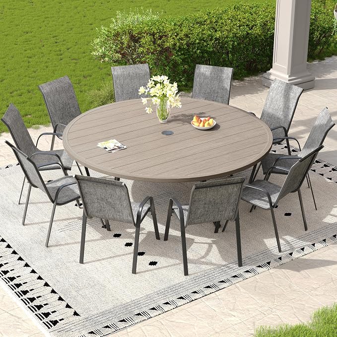11 Pieces Outdoor Dining Set, 63" Round Table with Umbrella Hole & Stackable Patio Dining Chairs, Patio Table and Chairs Set for Deck Garden Porch, Grey Chairs & Grey Table