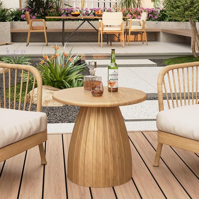 Metal Small Patio Table, Round Outdoor Side Table, Wood Color Outdoor Accent Patio End Table, for Garden, Pool, Yard, Balcony, Living Room, Deck, Weather Resistant, No Assembly