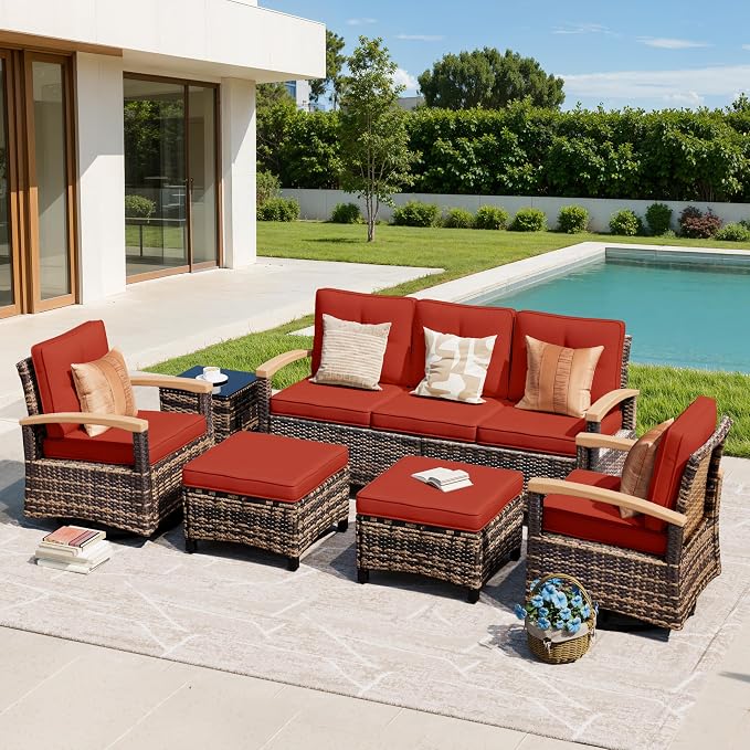 MEISSALIVVE 6 Pieces Patio Furniture Sets,Wicker Patio Conversation Sets with 2 Wood Armrests Swivel Glide Chairs, 2 Ottomans for Deck Yard and Poolside (Red)