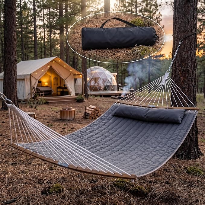 11.4 FT Double Quilted Hammock for 2, 450lbs Capacity Large Hammock with Pillow for Outdoor Patio, Garden Bed, Wooden Spreader Bar, 137.8" Long Dark Grey