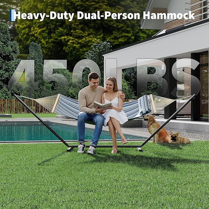 Double Hammock with Stand - Heavy Duty Portable 2 Person Design with Adjustable Steel Stand, Max 450LBS, Ideal for Outdoor Patio, Garden, Beach & Backyard