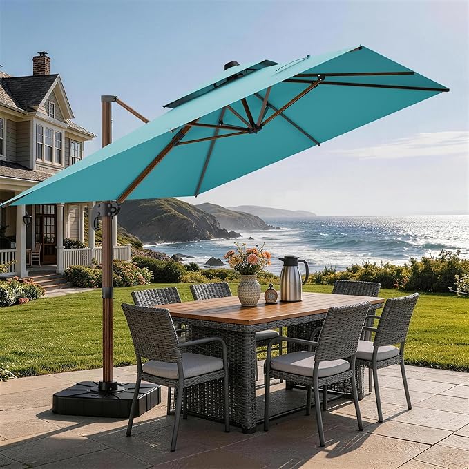 10x13FT Cantilever Outdoor Patio Umbrellas, Double Top Wood Pattern Rectangle Umbrella, Heavy Duty 360°Rotation Offset Umbrella for Garden Deck Pool Patio, Turquoise