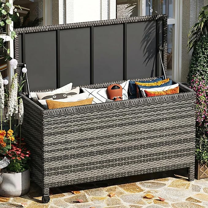125 Gallon Outdoor Storage Box with Wheels - Large Wicker Rattan Deck Box for Patio Cushions, Garden Tools, Pool Floats & Pillows, All-Weather Patio Furniture Storage, Gary