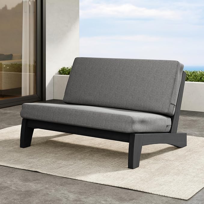 Outdoor Furniture Patio Couch, Weather Resistant Patio Loveseat Sofa Couch with Removable Cushion, Black Wood Frame for Porch & Backyard Seating - Grey
