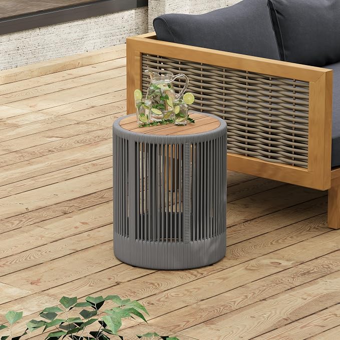IRONORA Grey Hand-Woven PE Rattan Round Patio Side Table, Solid Acacia Wood Top Hollow Drum Accent End Table, Weather Resistant Coastal Side Table for Backyard Balcony Sunroom Living Room