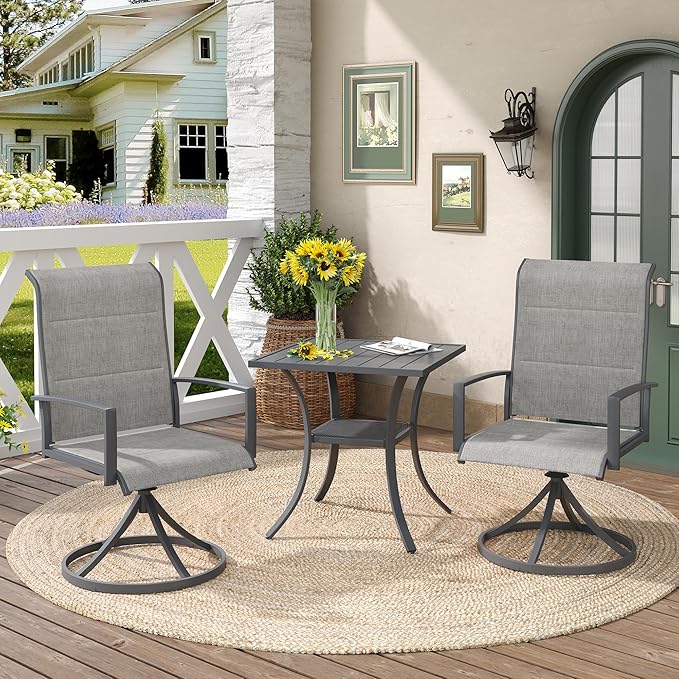 DIFY 3 Piece Outdoor Dining Set for 2, Patio Furniture Set with Padded Textilene Swivel Patio Chairs and 27.6" Small Square Metal Dining Table, Grey Fabric & Grey Tabletop