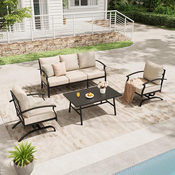Metal Patio Furniture Set, 4 Piece Outdoor Sectional Conversation Sofa Set, 3-Seat Sofa w/2 Single Sofas and Coffee Table, Garden, Porch, Balcony, Deck, Sand