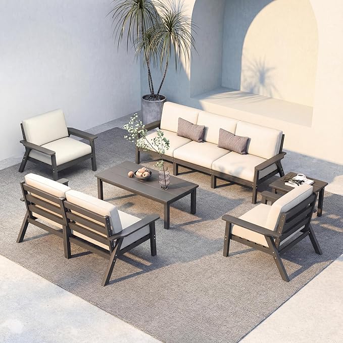 HDPE 7 Piece Patio Furniture Set, HDPE Outdoor Sectional with with Beige Thick Cushions, Coffee Table and Side Table, Patio Conversation Sets for Lawn, Garden, Porch (Grey Frame)